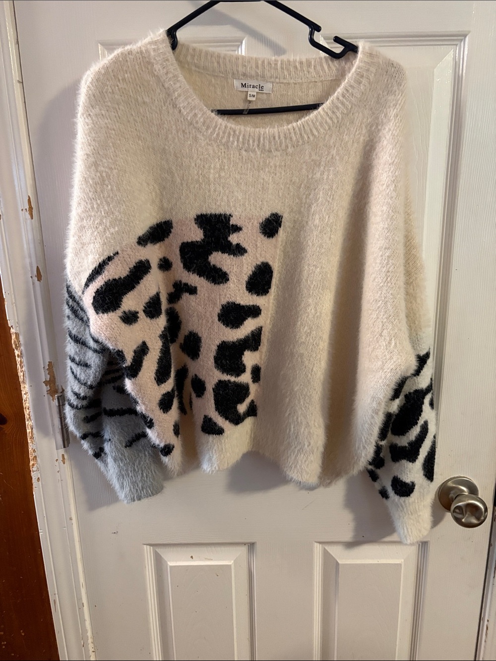 Miracle Cream Animal-Print Crewneck Sweater Black & Pale Pink Accents Size S/M
